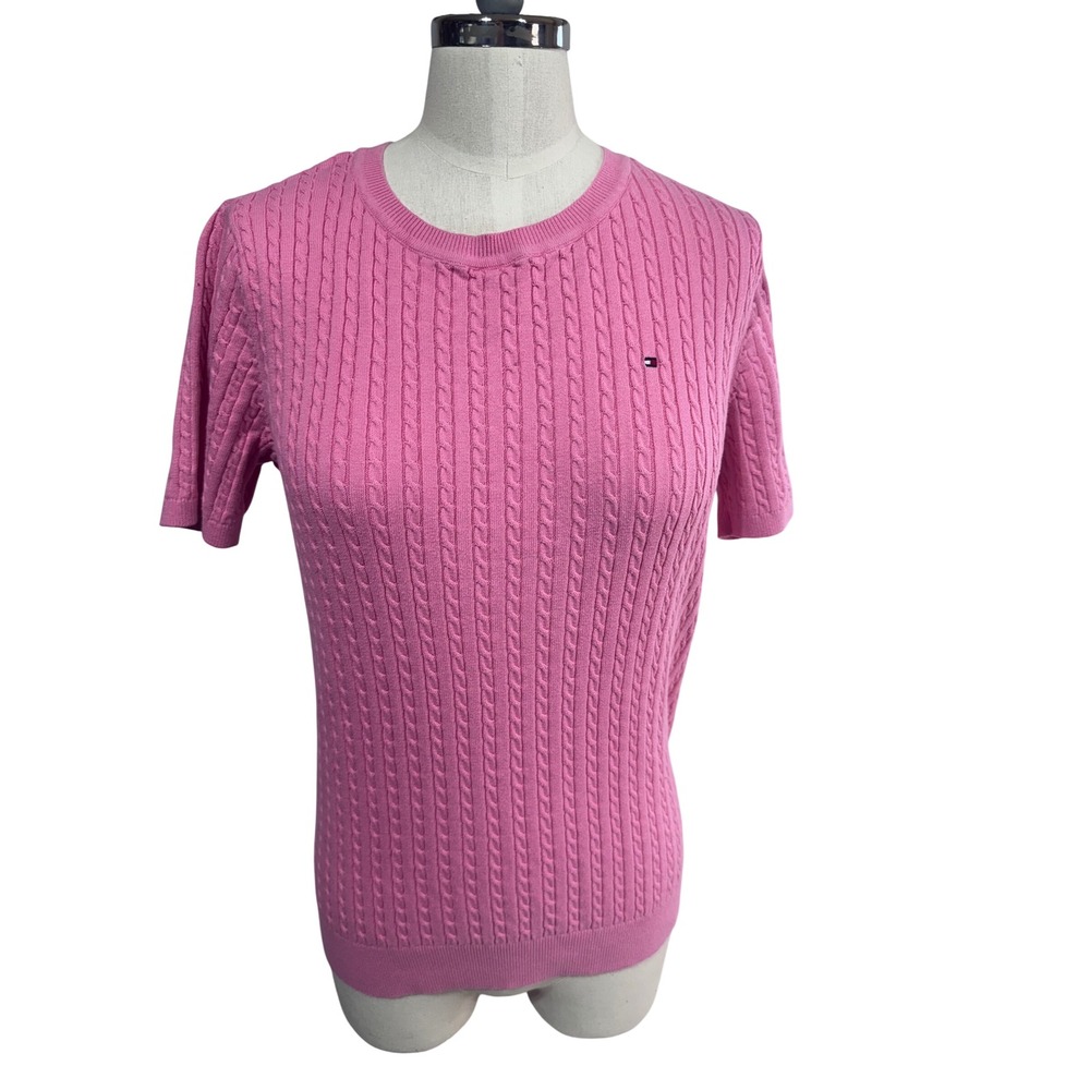 Tommy Hilfiger S Pink Sweater Women Short Sleeve Cable‎ Knit 100% Cotton Preppy